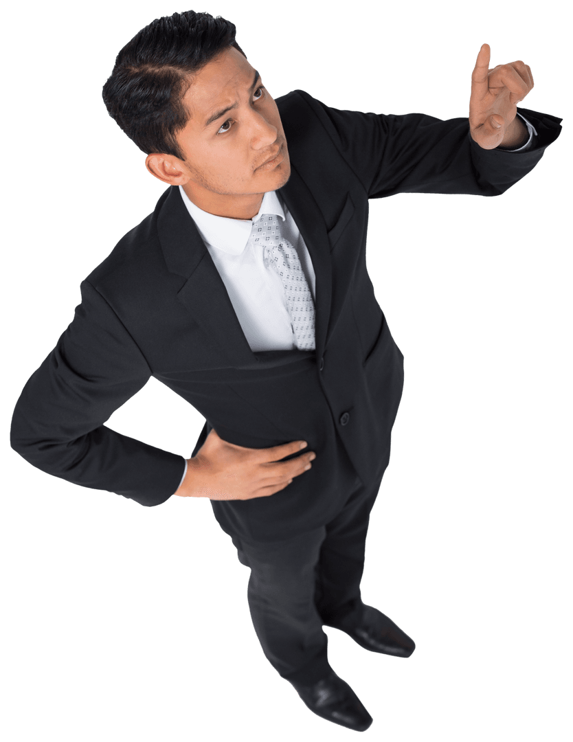 Asian Businessman Pointing with Confidence on Transparent Background