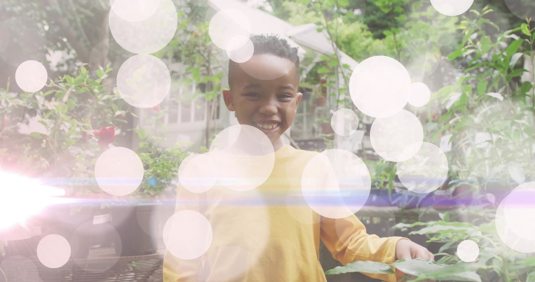 Smiling Child Enjoying Garden with Bright Camera Effects