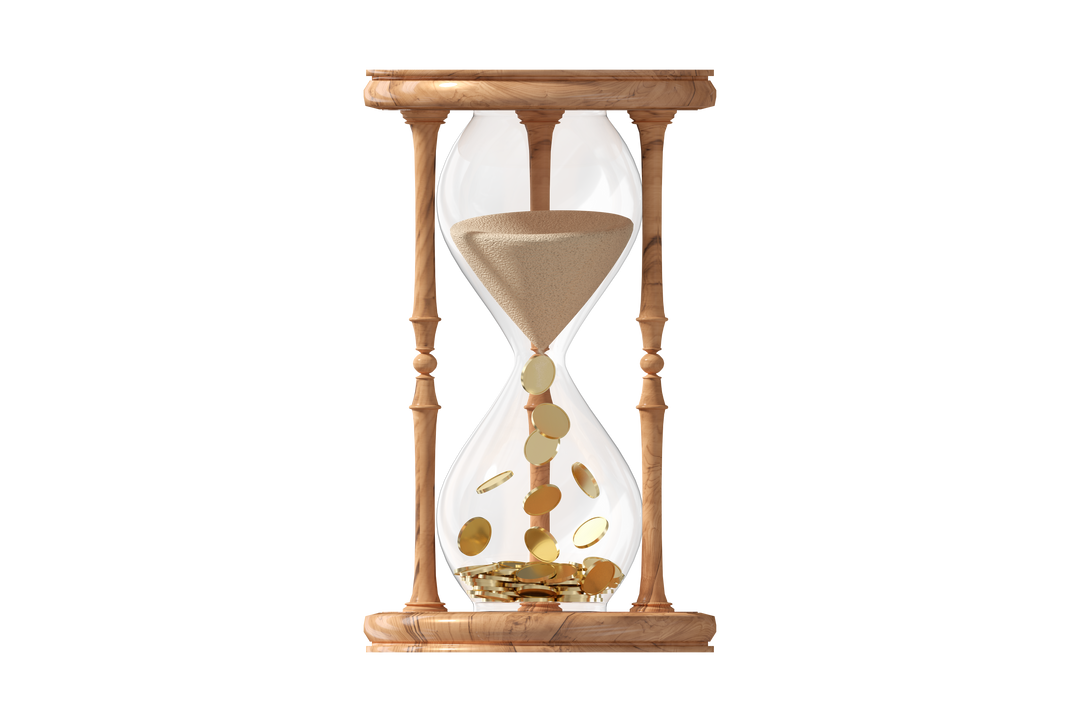 Transparent wooden hourglass with sand transitioning into gold coins - Download Free Stock Images Pikwizard.com