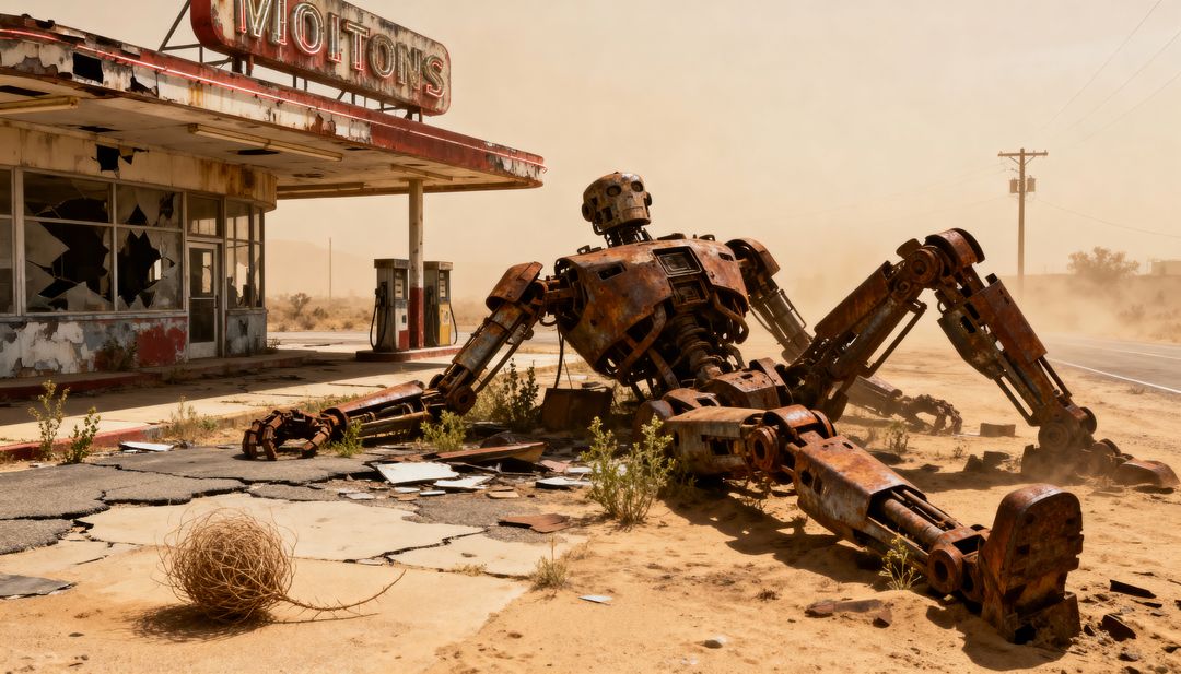 Rusted Giant Robot Lying Collapsing by Abandoned Desert Gas Station