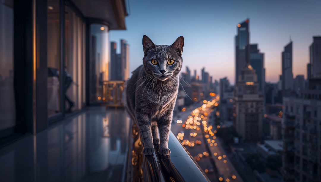 Grey Tabby Cat Walking on Balcony Railing at Dusk Over City Skyline with Bokeh Lights