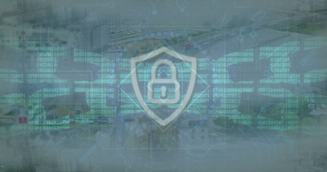 Digital Padlock with Blockchain Overlapping Cityscape