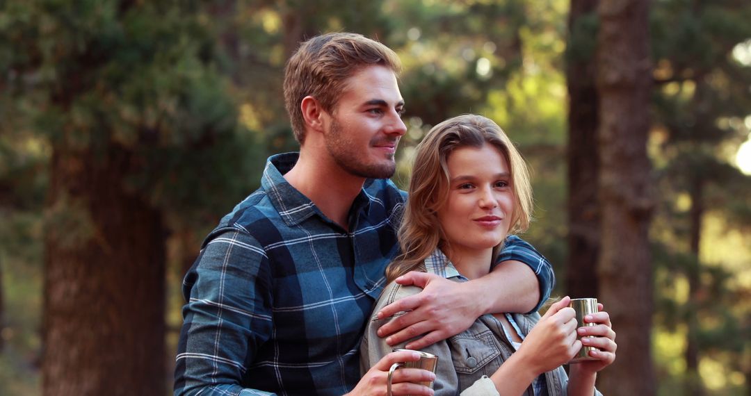 Couple Enjoying Warm Beverages in Rustic Forest Setting