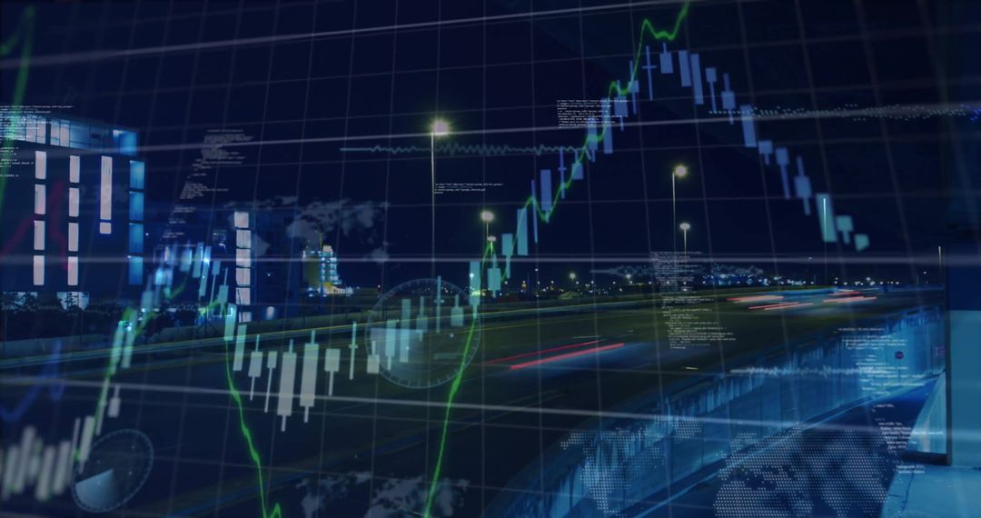 Composite of Financial Graphs and Code with City Night Traffic