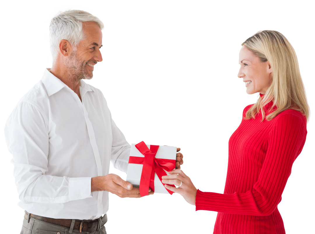 Happy Caucasian Couple Exchanging Gift on Transparent Background