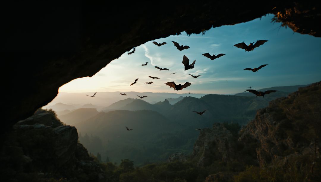 Bats Emerging from Cave at Dusk with Serene Landscape
