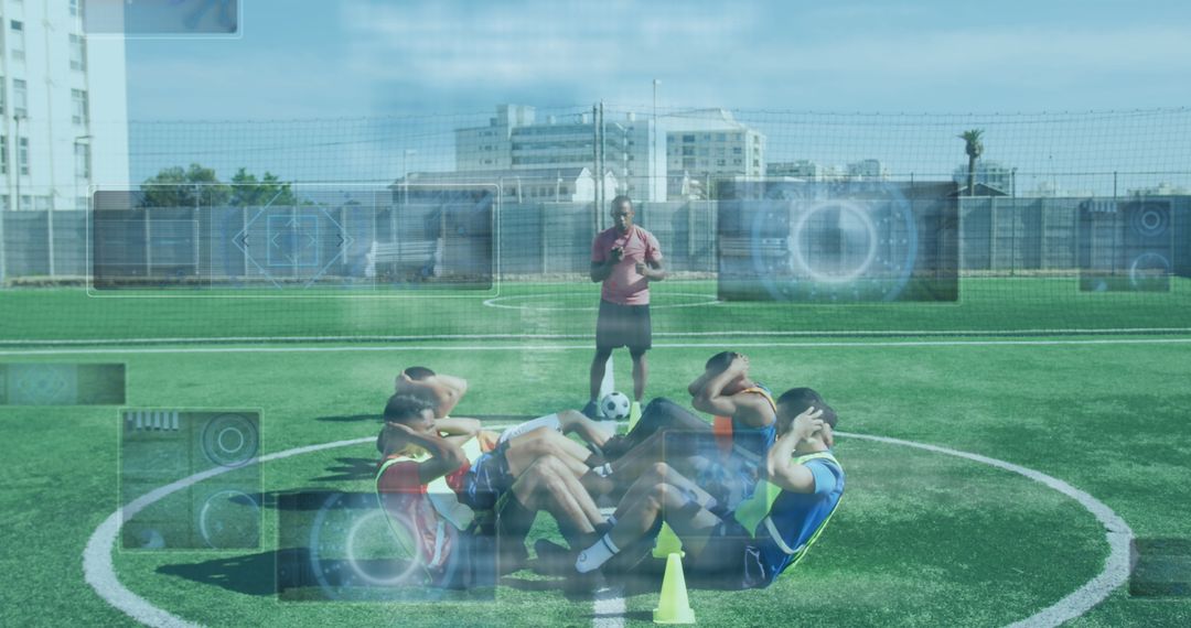 Futuristic Data Visualization Over Football Training