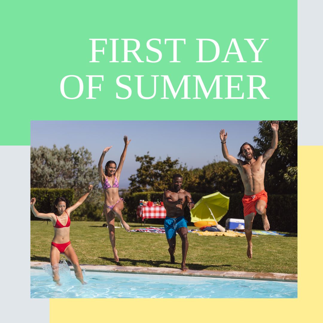 Joyful Friends Jumping into Pool Celebrating Start of Summer