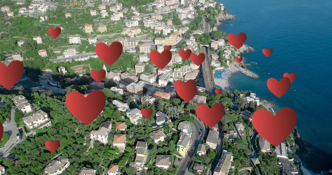Romantic Aerial View with Floating Hearts Over Seaside Town