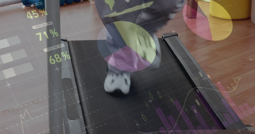 Person Running on Treadmill with Overlay of Fitness Data and Diagrams