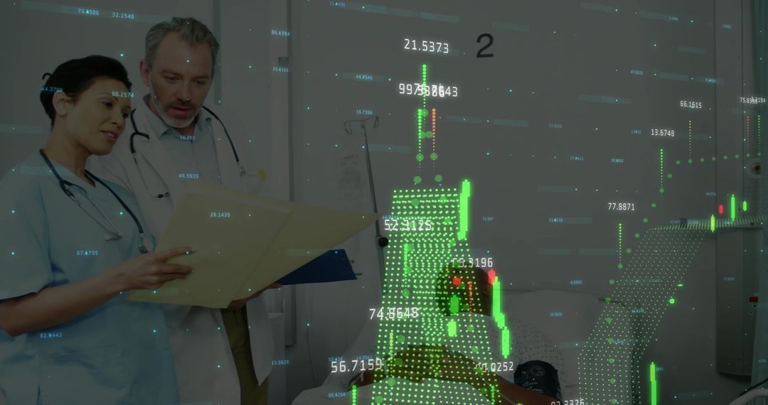 Healthcare Professionals Analyzing Patient Data with Digital Overlay