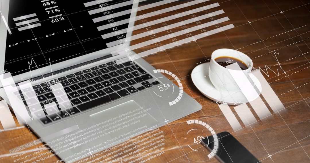 Laptop with Coffee and Overlay of Analytical Graphs