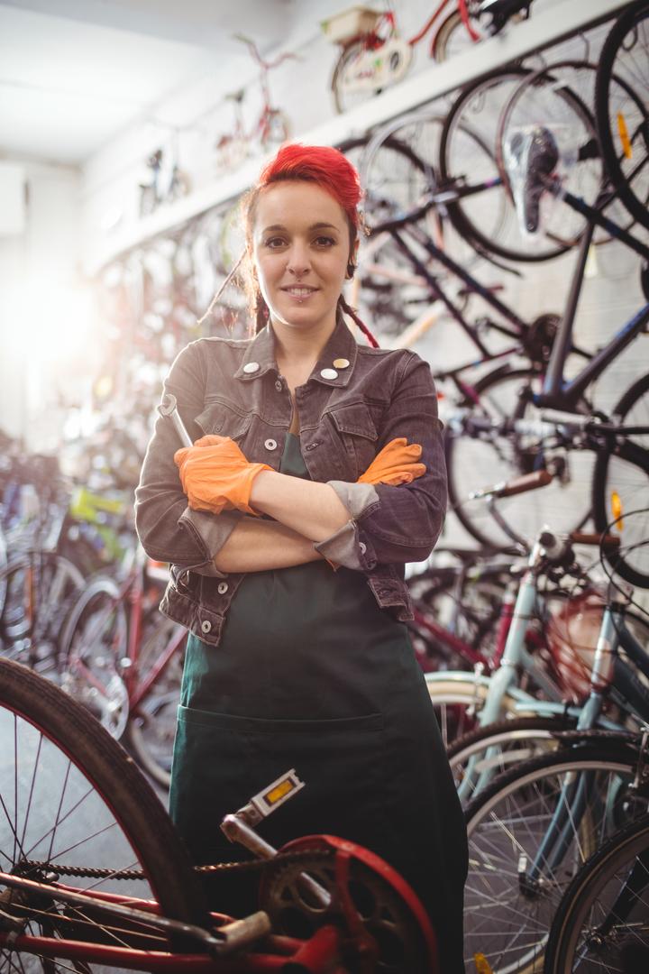 Confident Female Bicycle Mechanic in Bike Workshop - Free Images, Stock Photos and Pictures on Pikwizard.com