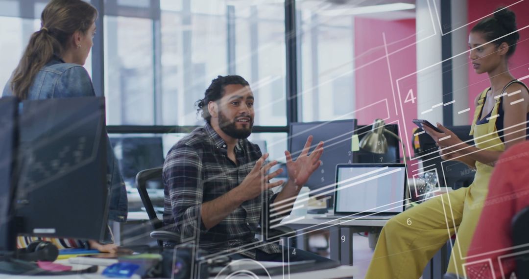 Diverse Team Collaborating with Digital Interface Overlay in Modern Office