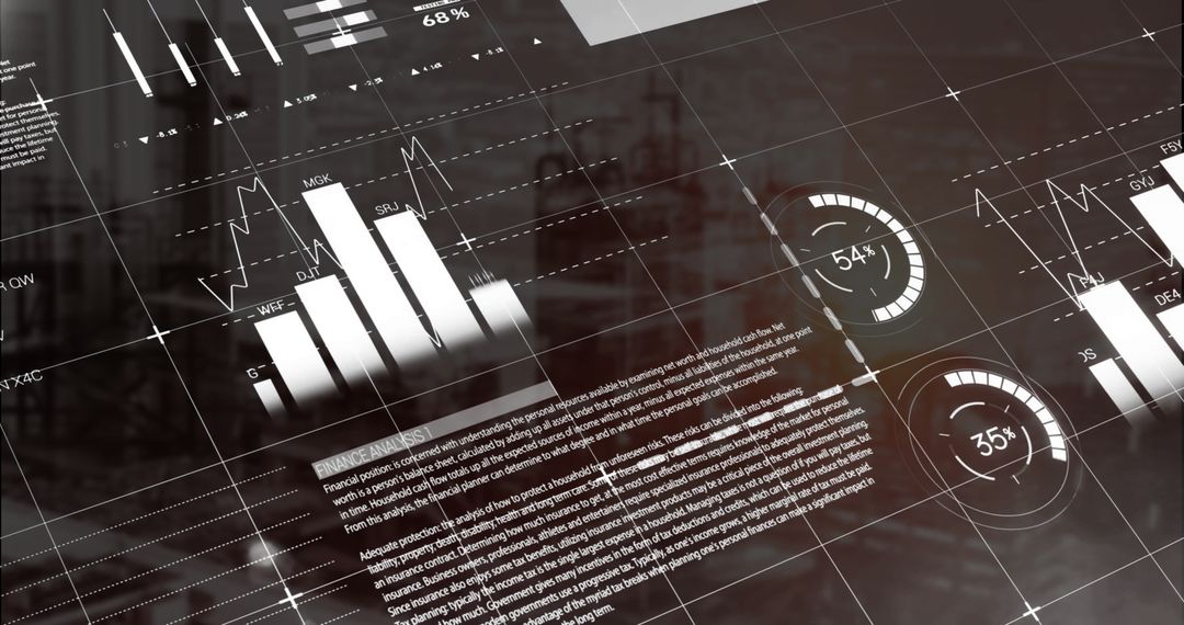Infographic Interface Overlay on City Skyline Visualizing Data