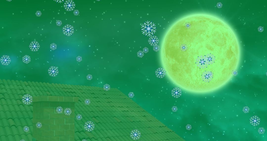 Magical Winter Night with Full Moon and Snowfall on Green Sky