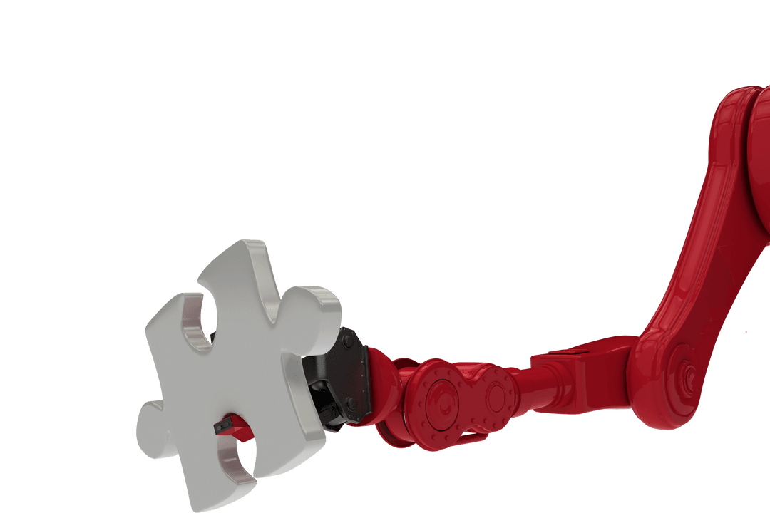 Transparent Red Robotic Arm Holding Puzzle Piece Technology Concept