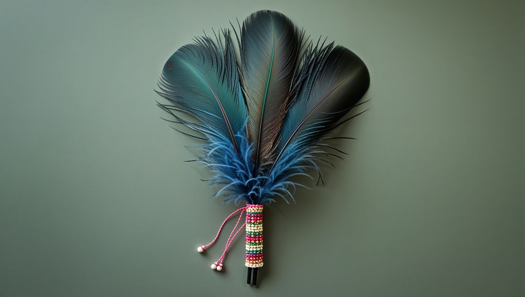 Artisan Feather Fan Embellishment with Beaded Handle on Grey Surface