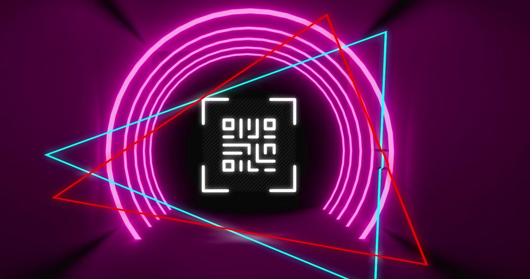 Glowing QR Code with Neon Geometric Shapes on Purple Background