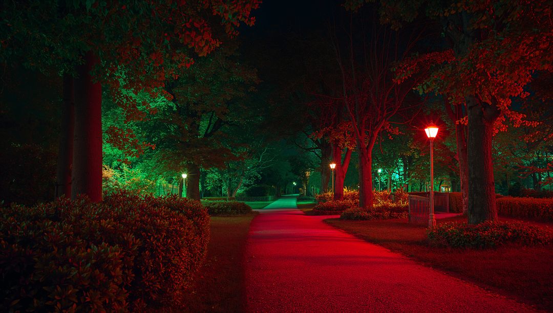 Luminous Path with Captivating Red and Green Glow in Tranquil Park at Night
