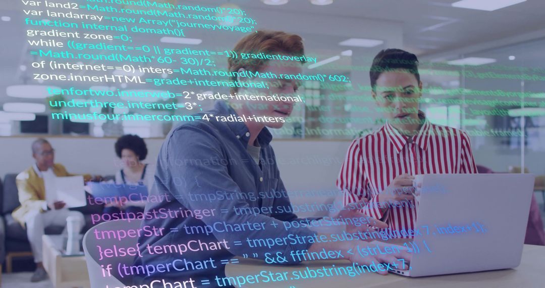 Two Developers Collaborating Over Laptop with Code Overlay in Modern Open-Plan Office