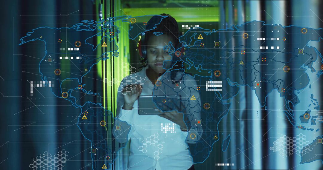 Businesswoman Analyzing Data on Tablet in Digital Horizon