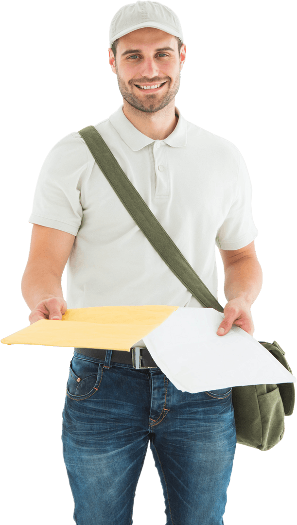 Transparent Background of Happy Courier Handing Over Envelopes