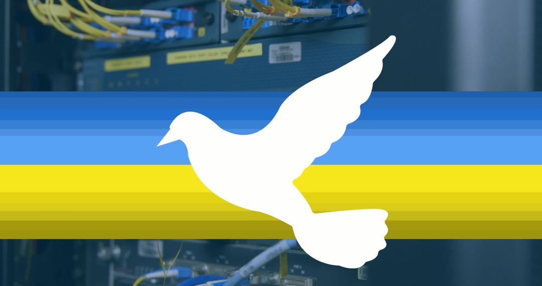 White Dove Symbolizing Peace over Ukrainian Flag Colors with Technology Background
