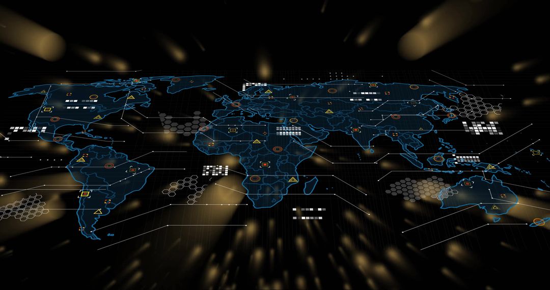 Glowing Digital World Map on Virtual Interface with Warning Icons