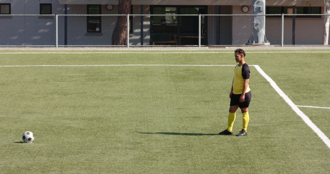Soccer Player Preparing Free Kick on Outdoor Field in Sunny Weather