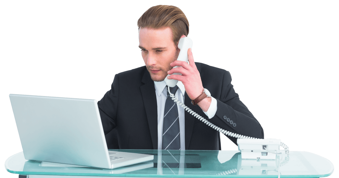 Transparent Businessman Phoning and Using Laptop, Office Setup
