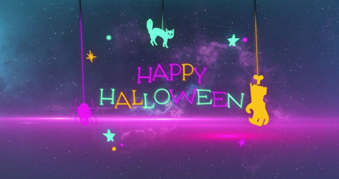 Vibrant Happy Halloween with Neon Elements and Spooky Decorations