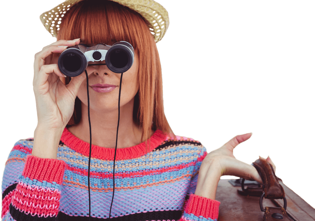 Transparent Smiling Hipster Woman Looking Through Binoculars