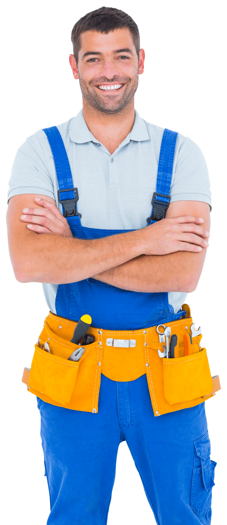 Happy Repairman in Blue Overalls with Transparent Background