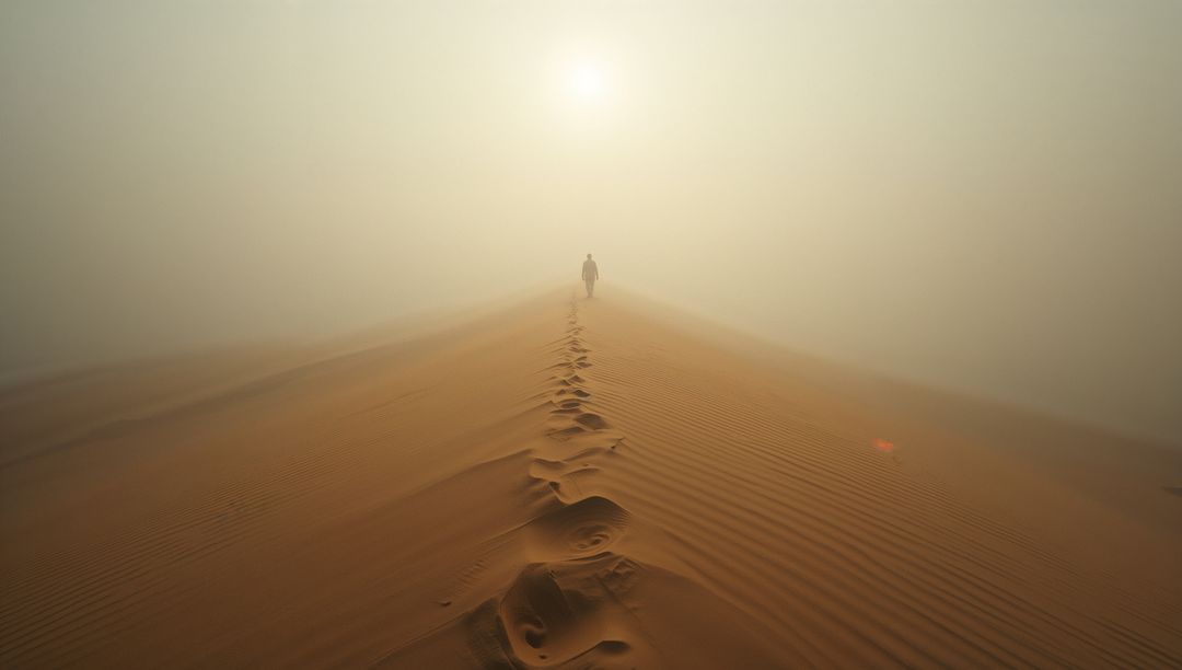 Traveller Footprints on Desert Dune Amidst Hazy Horizon