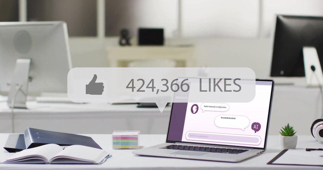 Office Desk Featuring Laptop Displaying Social Media Engagement