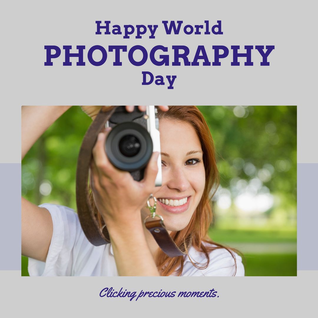 Smiling Woman Celebrating World Photography Day in Park - Download Free Stock Templates Pikwizard.com