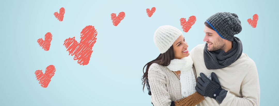 Romantic Winter Embrace with Sketched Hearts Illustrating Love