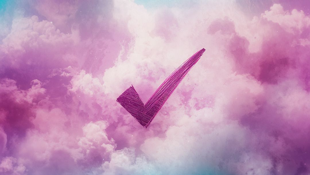 Whimsical Violet Check Mark Over Pastel Clouds Sky