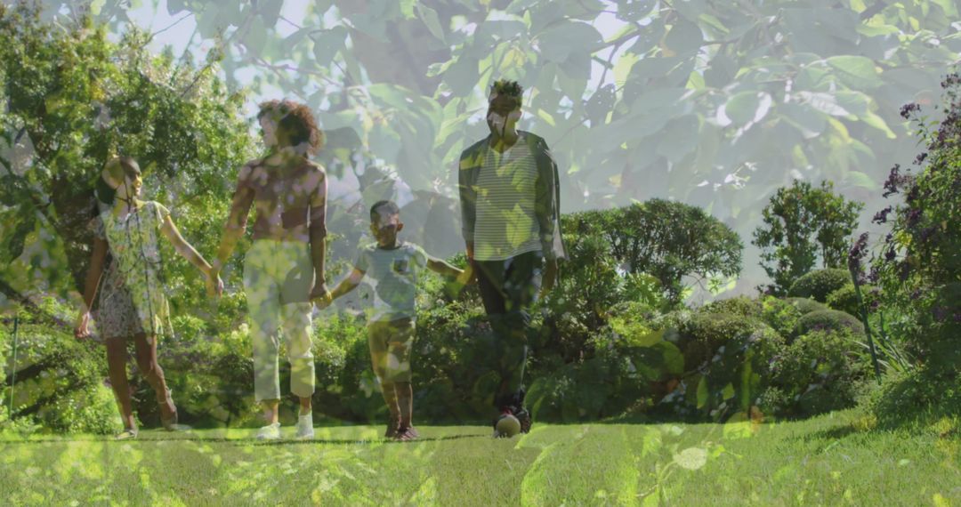 Family Enjoying Nature Walk on Sunny Day with Greenery Overlay