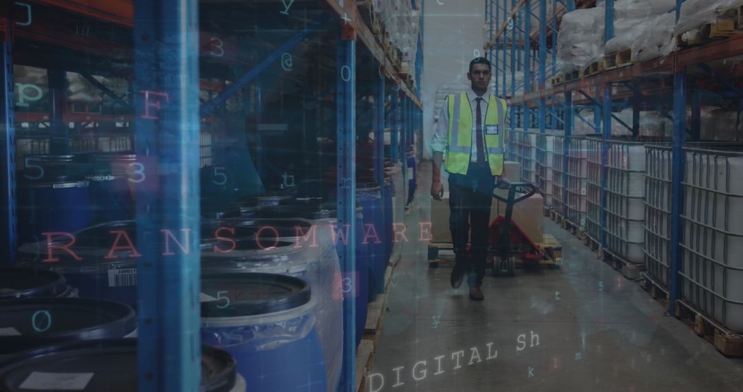 Warehouse Worker in Digital Security Overlay Concept
