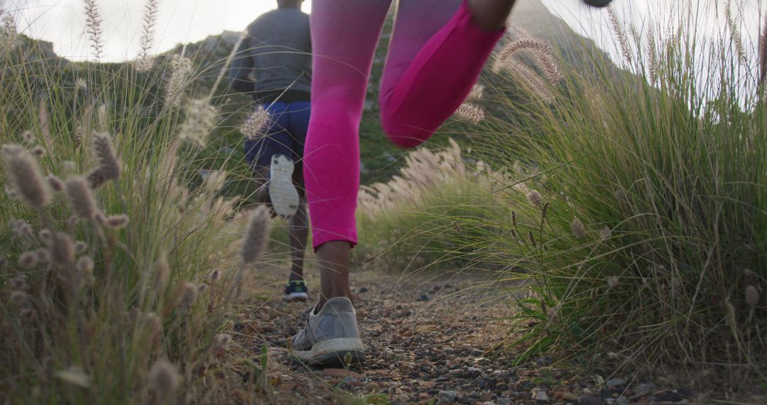 Joggers running on trail through scenic grassy terrain - Free Images, Stock Photos and Pictures on Pikwizard.com