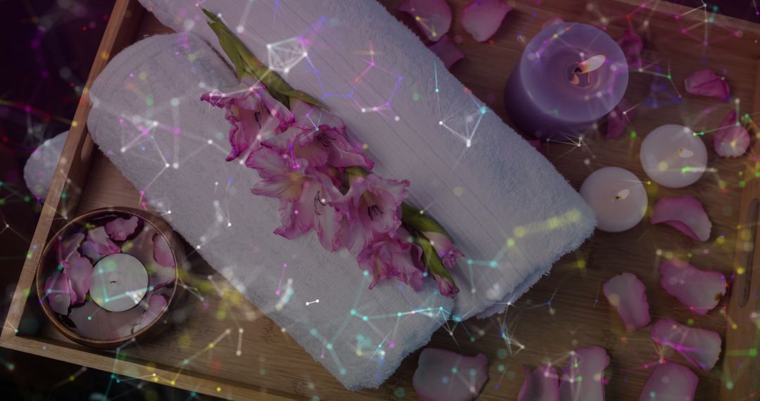 Tranquil Spa Setting with Flowers, Candles and Glowing Accents