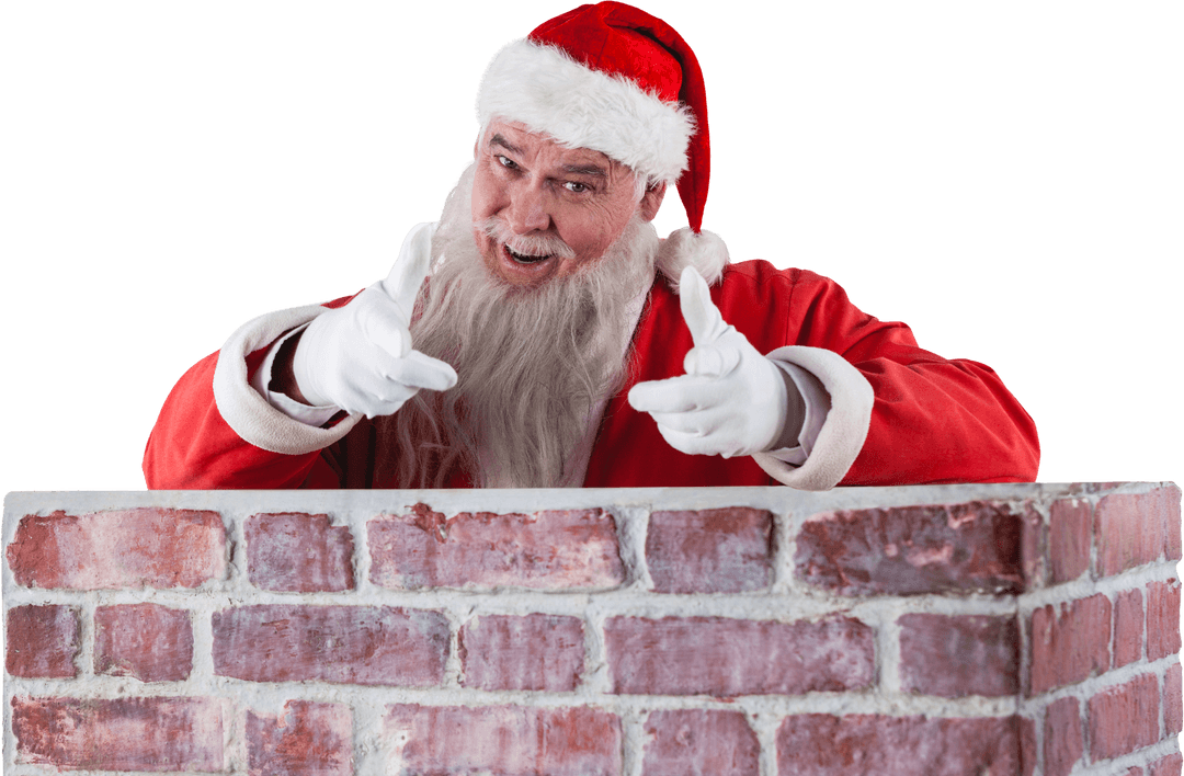 Playful Santa Claus Making Finger Guns Over Brick Wall Transparent