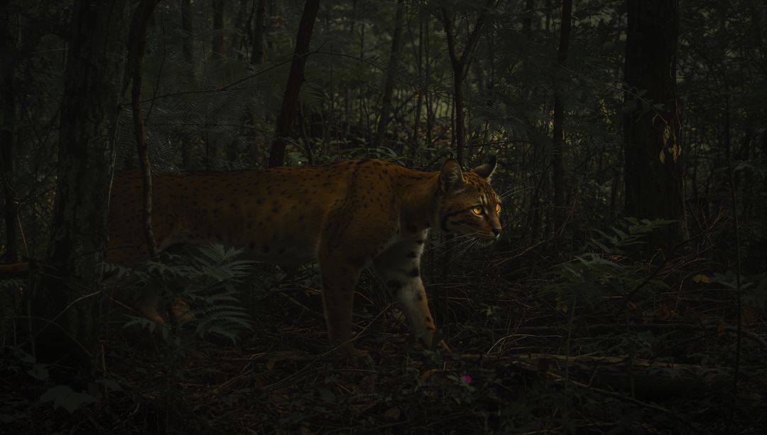 Lynx-like wildcat prowling dusk forest undergrowth with glowing eyes and ferns predator