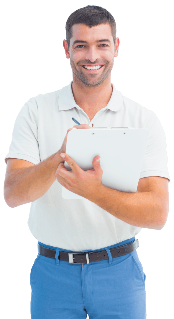 Transparent Background Smiling Man Writing on Clipboard