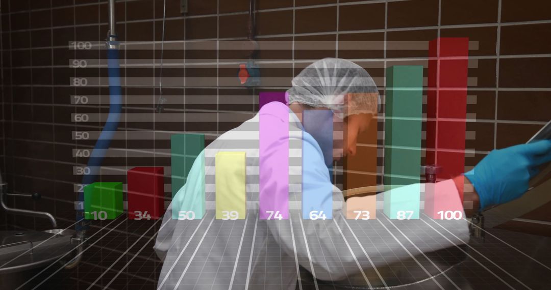 Scientist Conducting Experiment with Overlay of Data Analysis Bar Graph