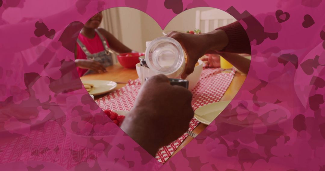 Pouring Milk at Family Breakfast with Heart Overlay