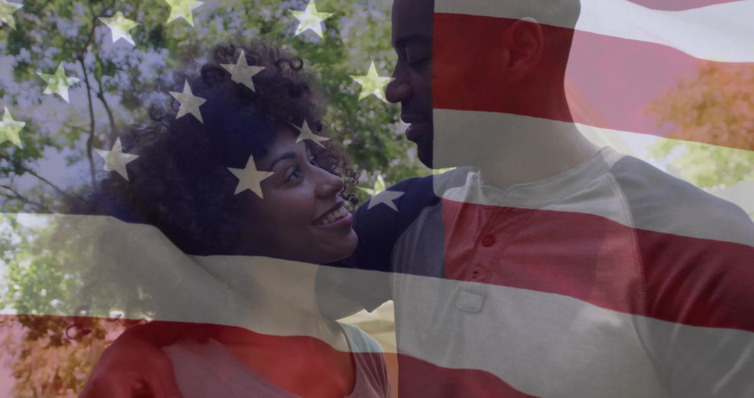 Romantic Couple Smiling with USA Flag Overlay in Park