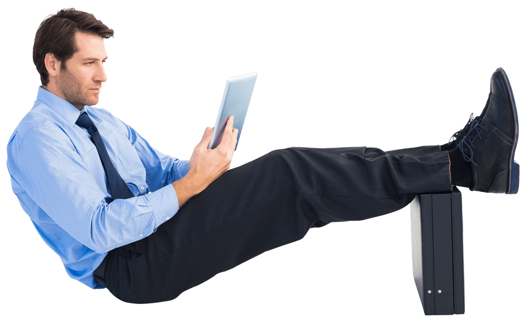 Transparent Businessman Using Tablet with Feet Up on Briefcase